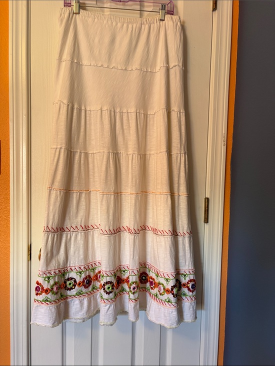 Double D Ranch Dresses & Skirts - Double D Ranch White Tiered Maxi Skirt with Multicolor Floral Embroidery